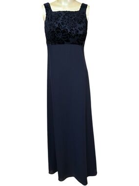 Vtg Rhapsody Ltd Floral Burnout Velvet Maxi Dress Navy Blue Size 4 USA